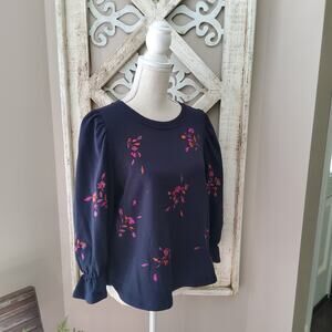 Democracy Women's Ruffle 3/4 Sleeve Blouson Embroidered Sweatshirt Top in Navy